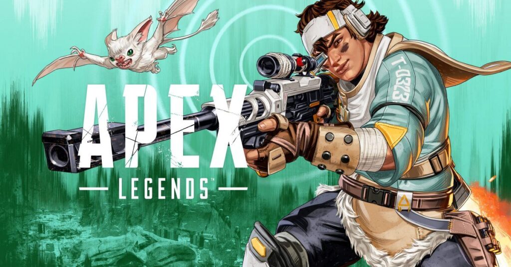 Personagem de Apex Legends em pose dinâmica com rifle, vestindo roupa azul e branca e mochila, em frente a uma cidade futurística sob céu verde. Títulos 'Apex Legends' e 'Legends' visíveis no topo.