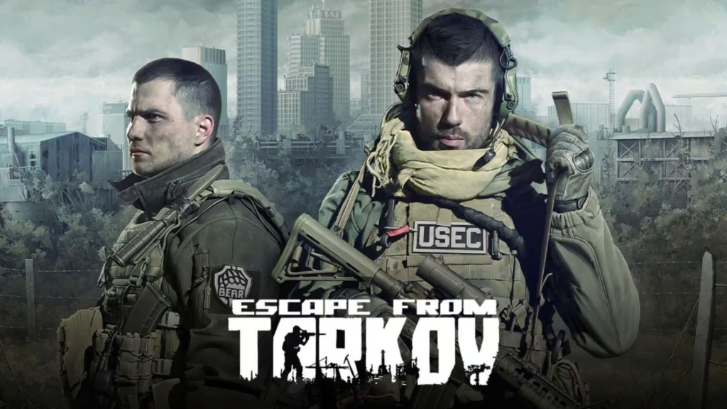 escape from tarkov, com 2 personagens e um fundo de cidade perdida