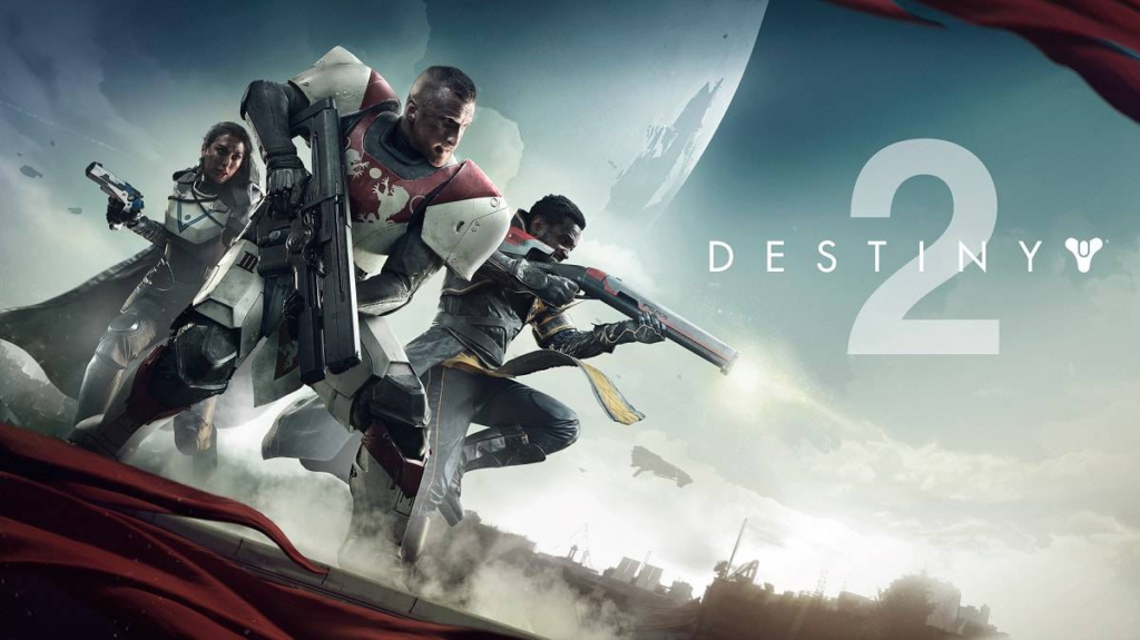 jogo destiny 2, com um ambiente mostrando o céu e 3 personagens com suas armas