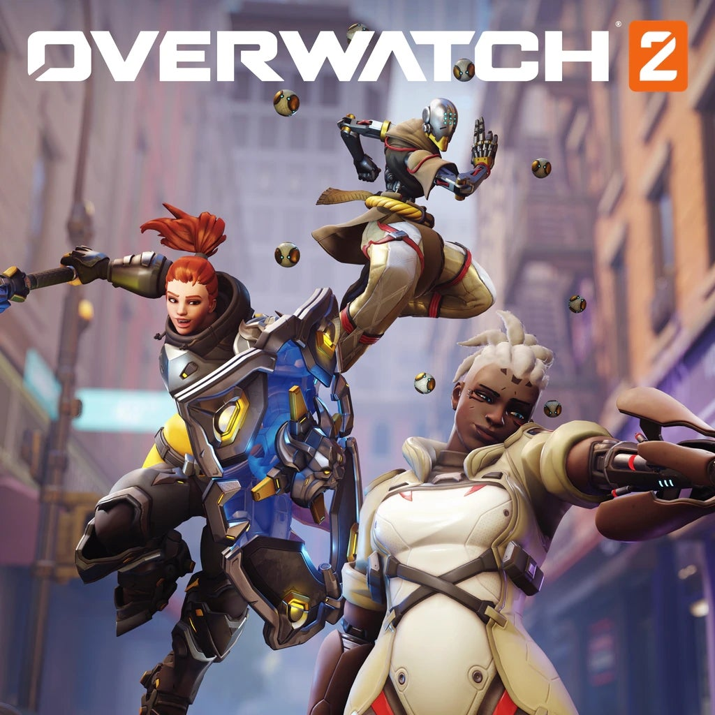 overwatch, com 3 personagens pulando em um fundo de cidade