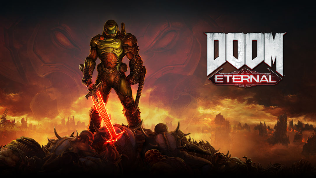 Doom eternal, com um fundo simulando o inferno e o personagem segurando uma espada vermelha