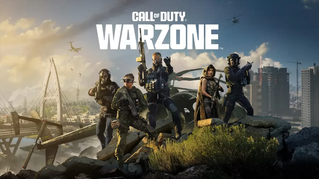 é o poster de Call of Duty Warzone, Call of Duty Warzone". Ela apresenta cinco personagens, provavelmente do jogo, posicionados em uma saliência rochosa com um horizonte urbano ao fundo.