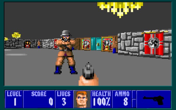 jogo wolfenstein, mostrando um personagem em pé em um chão de pedra com paredes e uma porta ao fundo